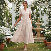 Damen Sommerkleid Midi Puffärmel Kurze Ärmel Freizeit Kleid in Khaki