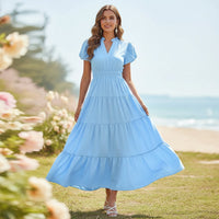 Damen Sommerkleid Midi Puffärmel Kurze Ärmel Freizeit Kleid in Hellblau