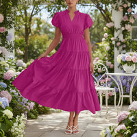 Damen Sommerkleid Midi Puffärmel Kurze Ärmel Freizeit Kleid in Rosenrot