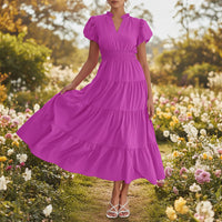 Damen Sommerkleid Midi Puffärmel Kurze Ärmel Freizeit Kleid in Violett
