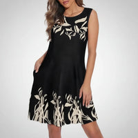 Damen Sommerkleid Kurz Ärmellos Casual Print Freizeitkleid in Schwarz