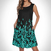 Damen Sommerkleid Kurz Ärmellos Casual Print Freizeitkleid in Schwarz Grün