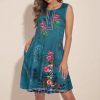 Damen Sommerkleid Kurz Ärmellos Casual Print Freizeitkleid in Blaugrün
