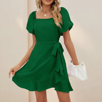 Damen Sommerkleid Puffärmeln Elegantes Maxi Kleid Sommer in Grün