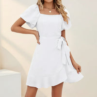 Damen Sommerkleid Puffärmeln Elegantes Maxi Kleid Sommer in Weiß