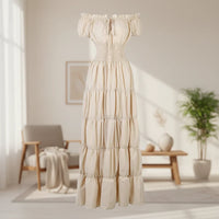 Damen Sommerkleid Renaissance Mittelalter Langes Maxikleid in Beige