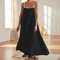 Damen Sommerkleid Spaghettiträger Lang Locker Maxikleid in Schwarz