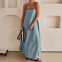 Damen Sommerkleid Spaghettiträger Lang Locker Maxikleid in Blau