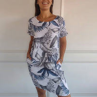 Sommerkleid Damen Kurzarm Print Freizeit Urlaub in Weiß 2