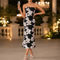Damen Sommerkleid Trägerlos Lang Schmal Maxikleid in Schwarz Weiß