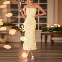 Damen Sommerkleid Trägerlos Lang Schmal Maxikleid in Gelb