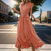 Damen Sommerkleid Wickel V-Ausschnitt Rüschenärmel Midi Kleid in Orange