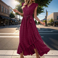 Damen Sommerkleid Wickel V-Ausschnitt Rüschenärmel Midi Kleid in Rot