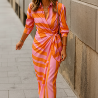 Damen Sommerkleid Wickelkragen Lässiges Fließendes Kleid in Orange