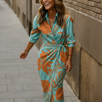 Damen Sommerkleid Wickelkragen Lässiges Fließendes Kleid in Hellblau