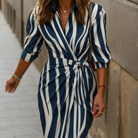Damen Sommerkleid Wickelkragen Lässiges Fließendes Kleid in Dunkelblau Weiß