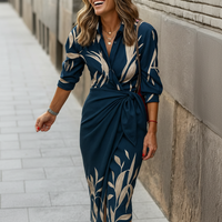 Damen Sommerkleid Wickelkragen Lässiges Fließendes Kleid in Dunkelblau