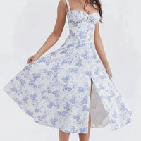 Damen Sommerkleid Lang Elegantes Bequemes Kleid Sommer in Blau Blumen