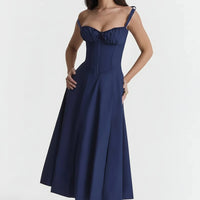 Damen Sommerkleid Lang Elegantes Bequemes Kleid Sommer in Marineblau