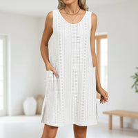 Damen Sommerkleid Kurz Ärmellos Casual Leichtes Kleid in Weiß