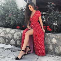 Damen Sommerkleid V-Ausschnitt Kurzarm Schlitz Design Kleid in Rot