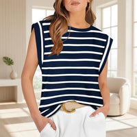 Damen Kurzarm Top Locker Sommer Freizeit Oberteil in Marineblauer Streifen