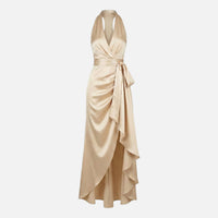Diana | Damen Satin Wickel Maxikleid Neckholder – Satin Maxi Elegantes Kleid in Aprikose