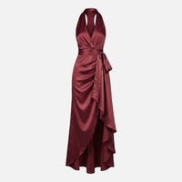 Diana | Damen Satin Wickel Maxikleid Neckholder – Satin Maxi Elegantes Kleid in Rot