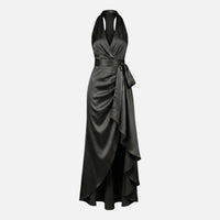 Diana | Damen Satin Wickel Maxikleid Neckholder – Satin Maxi Elegantes Kleid in Schwarz