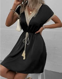 Eleni | V-Ausschnitt Drapiert Boho-Kleid in Schwarz