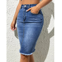 Damen Hoher Taille Knie-Länge Bleistift Jeansrock in Blau