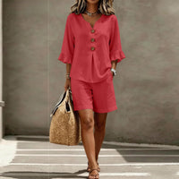 Helene™ Leinen-Baumwoll-Set Mit V-Ausschnitt Und Locker Fallender Shorts in Rot