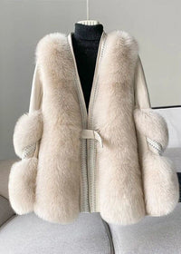 Stylish White V Neck Patchwork Mink Hair Coats Winter in Khaki