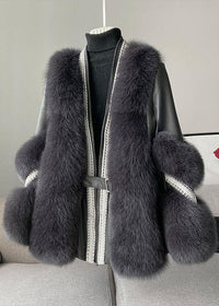 Stylish White V Neck Patchwork Mink Hair Coats Winter in Schwarz