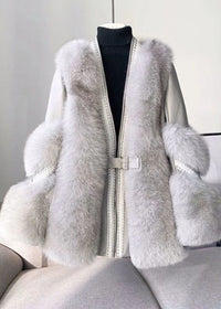 Stylish White V Neck Patchwork Mink Hair Coats Winter in Grau