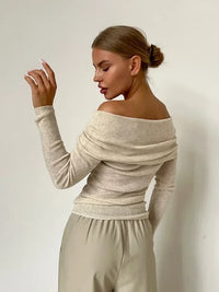 Damen Schulterfrei Lang Shirt in Beige