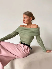 Damen Schulterfrei Lang Shirt in Hellgrün