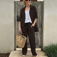 Yasmine™ Baumwoll-Leinen-Set mit Button-down-Hemd und verstellbaren Ärmeln in Schwarz