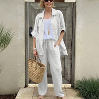 Yasmine™ Baumwoll-Leinen-Set mit Button-down-Hemd und verstellbaren Ärmeln in Weiß