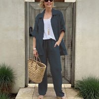 Yasmine™ Baumwoll-Leinen-Set mit Button-down-Hemd und verstellbaren Ärmeln in Blau