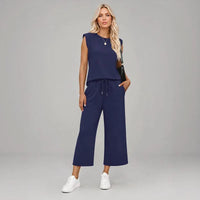 Aya™ Set Tanktop mit markanter Schulterpartie und Cropped Hose mit Kordelzug in Dunkelblau