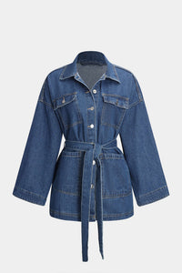 Damen Geknöpft mit Gürtel Lang Jeansjacke in Denim Blau