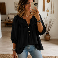 Bluse Anrika™ mit halblangen Puffärmeln und dekorativer Knopfleiste in Schwarz