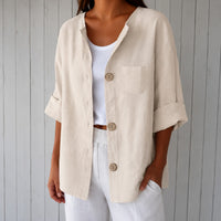 Bluse Marie™ mit Frontknöpfen, 3/4-Ärmeln und Brusttasche in Beige
