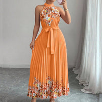 Luftiges Maxikleid Damen V-Ausschnitt Blumendruck Sommer Maxikleider A-Linie für Elegante Tage in Orange