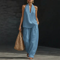 Aurelia™-Set aus Baumwoll-Leinen im Minimalistischen Stil mit Fließender Passform in Blau