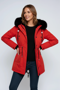 Damen Winterparka mit Kapuze, Taschen und Tunnelzug in Rot