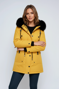 Damen Winterparka mit Kapuze, Taschen und Tunnelzug in Gelb