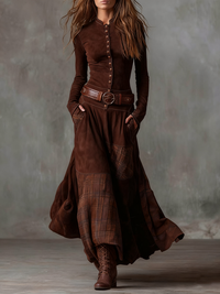Clara | Vintage-Maxikleid mit langen Ärmeln in Braun