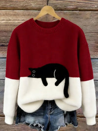 Damen Oversized Pullover mit Farbblockdesign und Katzenmotiv in Rot
